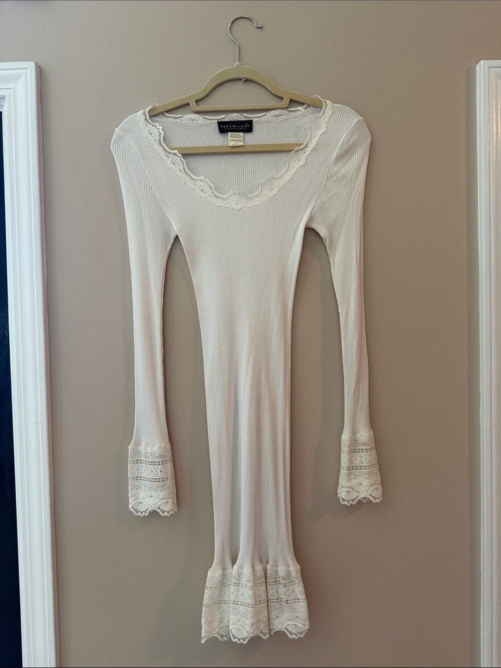 Rosemunde Copenhagen Ivory Ribbed Long Sleeve Dress with Lace Trim